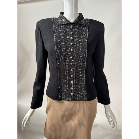 St. John Evening By Marie Gray Black Knit Rhinestone Button Down Top w/ Blemish - Picture 13 of 16